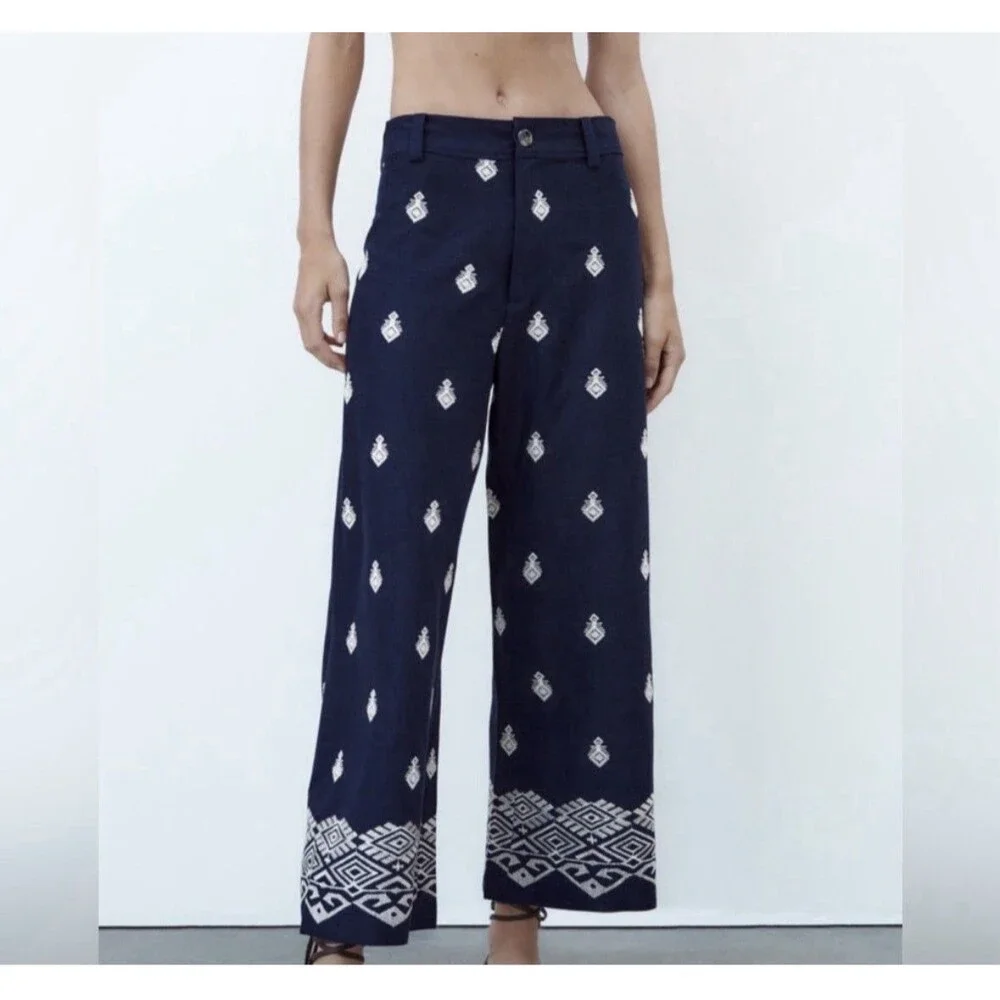 Zara High Waisted Boho ChiNavy Blue Embroidered Pants Culottes Cottagecore Sz S